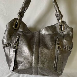 B. Makowsky Metallic Silver Snake Skin Tote Bag Leather Alice Shopper